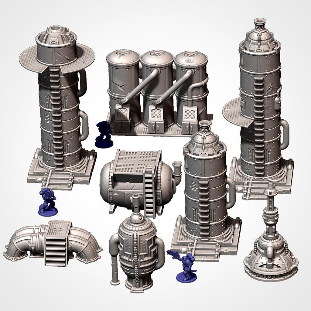 11th Edition Industrial Sci-Fi Terrain Set | Modular 28mm–32mm Wargaming Terrain | 3D Printed Towers, Tanks & Pipes
