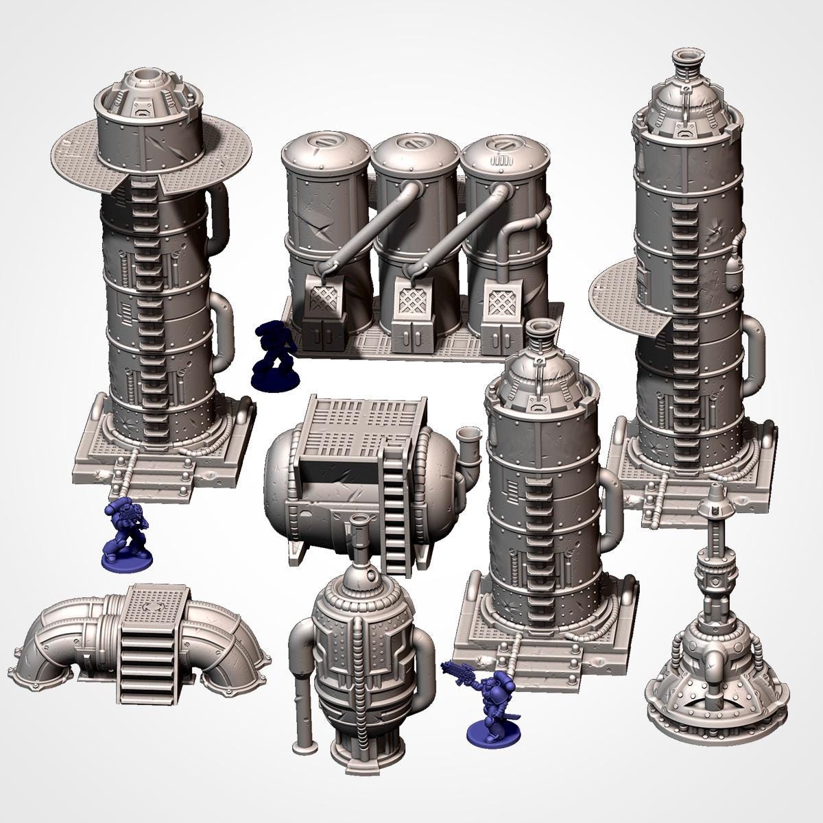 11th Edition Industrial Sci-Fi Terrain Set | Modular 28mm–32mm Wargaming Terrain | 3D Printed Towers, Tanks & Pipes