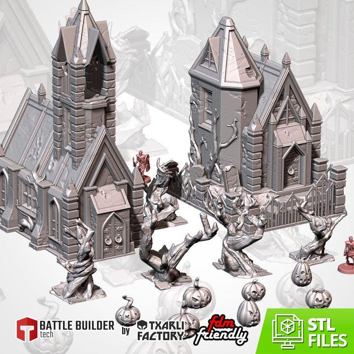 Haunted Cemetery Terrain Set | Gothic Church & Mausoleum | 3D Printed Tabletop Scenery | DnD, RPG, Wargaming, Graveyard Terrain