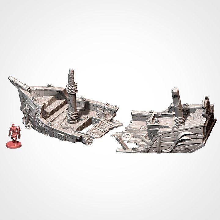 Modular Shipwreck & Boat Terrain Set | 3D Printed Fantasy Tabletop Scenery | DnD, Pathfinder, Wargaming Terrain