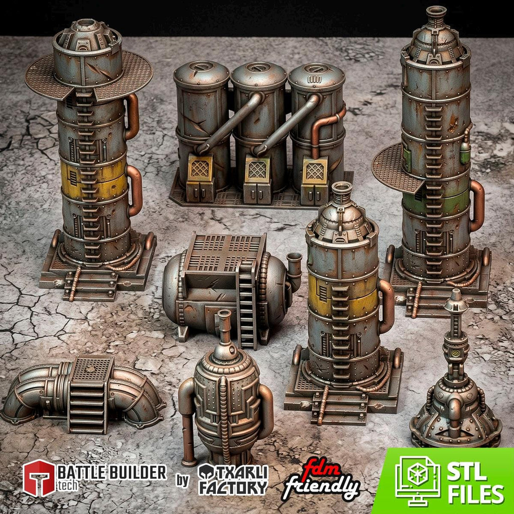 11th Edition Industrial Sci-Fi Terrain Set | Modular 28mm–32mm Wargaming Terrain | 3D Printed Towers, Tanks & Pipes