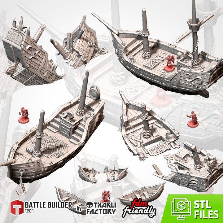 Modular Shipwreck & Boat Terrain Set | 3D Printed Fantasy Tabletop Scenery | DnD, Pathfinder, Wargaming Terrain